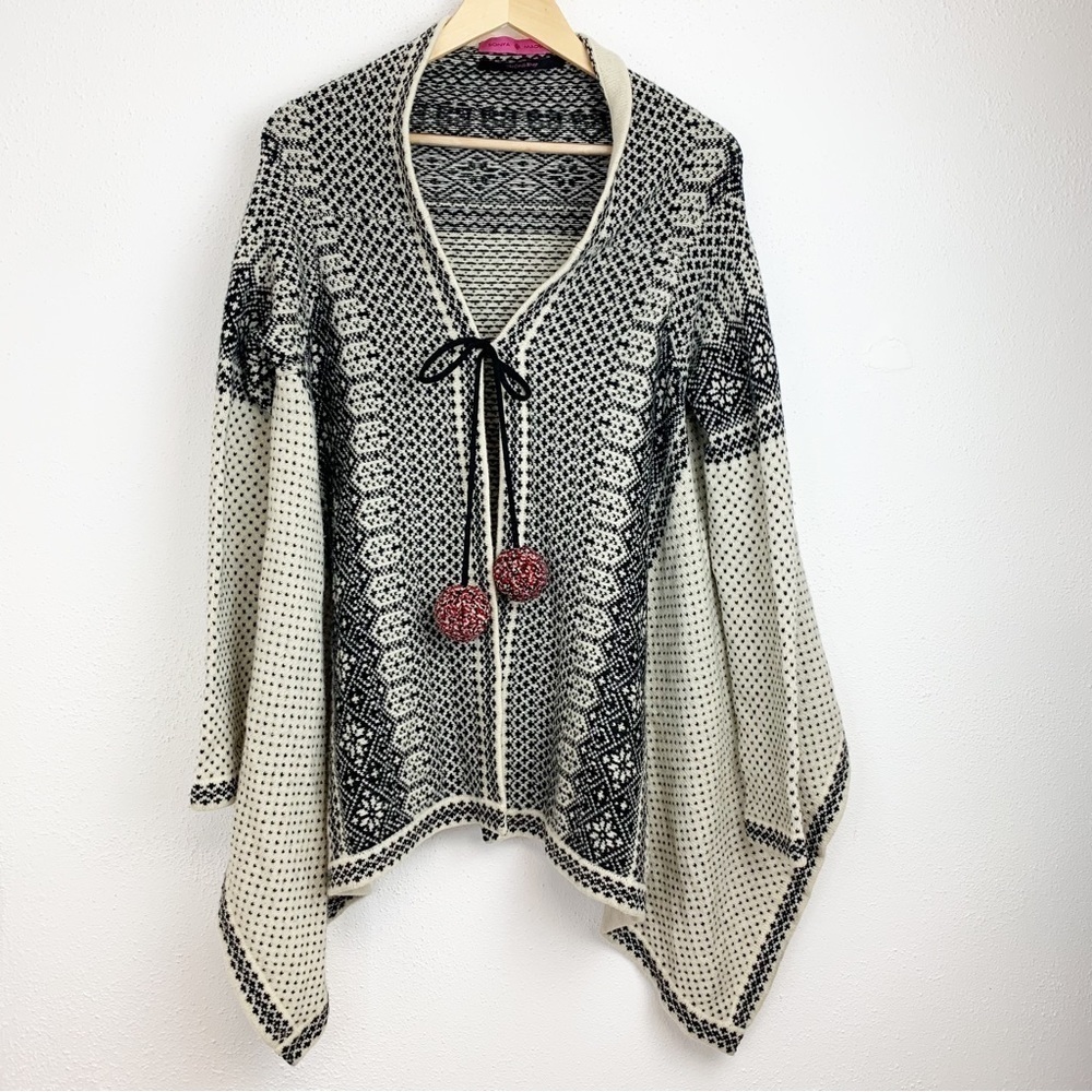 Sonia Madden Alpine Cardi-Wrap in Black/Cream W/Red Pom-Pom Strings